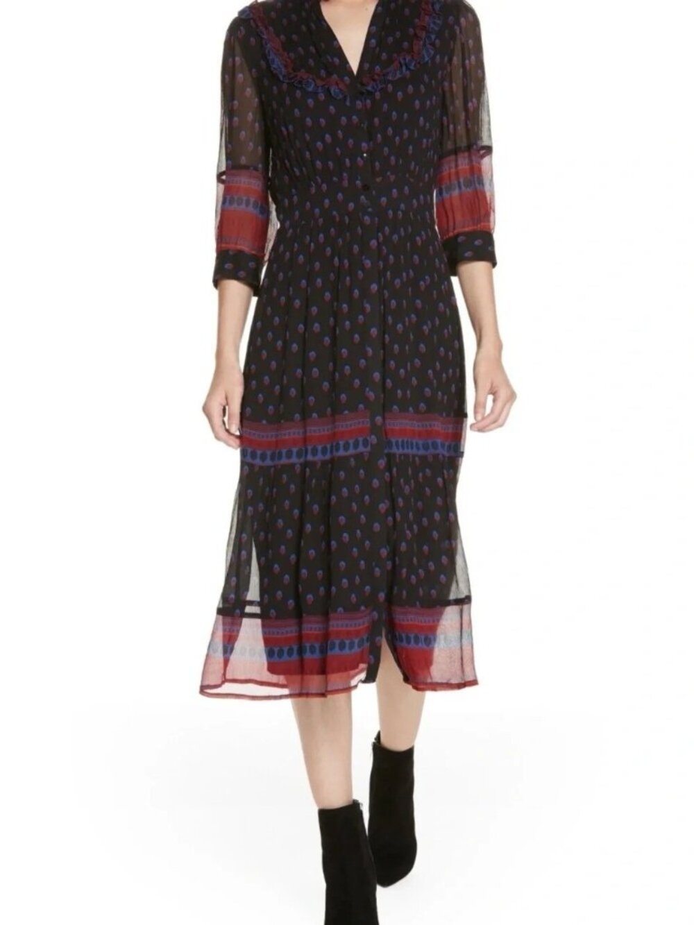 Ba&sh Womens 3/L Ruffle Print Midi Dress Boho